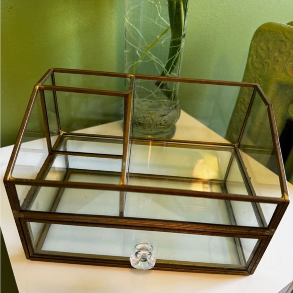 Glass and bronze makeup organizer